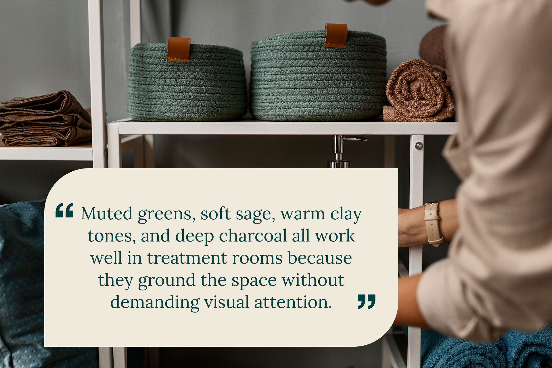 spa room design with muted green and clay tones showing massage room decor and relaxing spa interior design palette