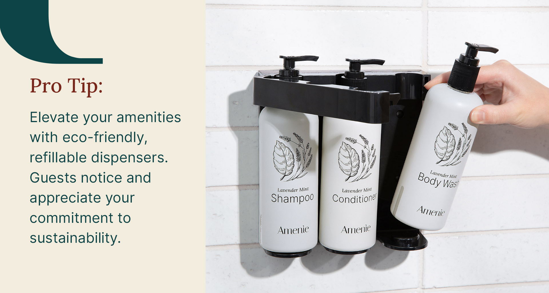 Eco-friendly refillable shampoo, conditioner, and body wash dispensers mounted in an Airbnb bathroom