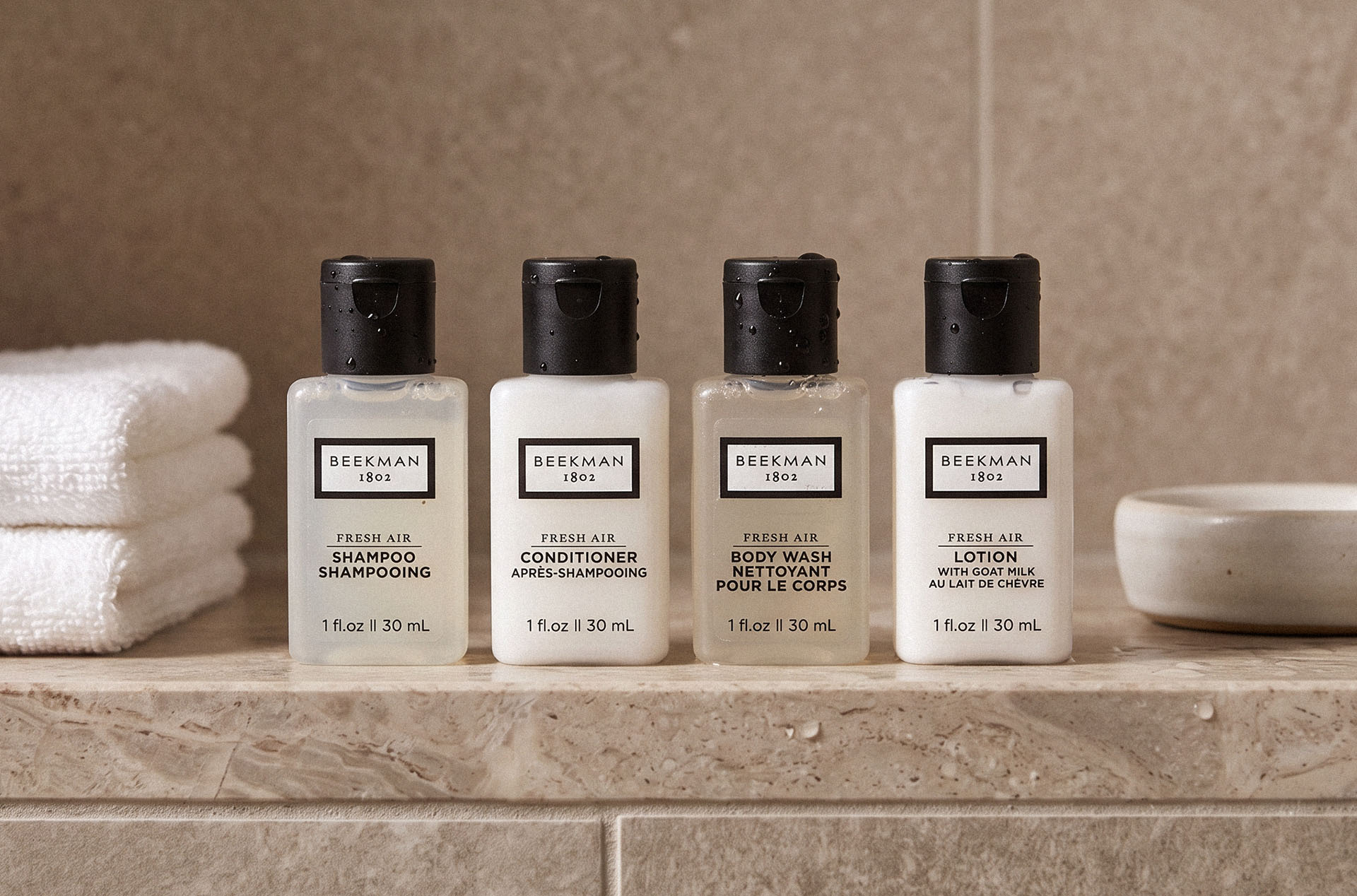 Beekman 1802 Fresh Air shampoo, conditioner, body wash, and lotion hotel amenities