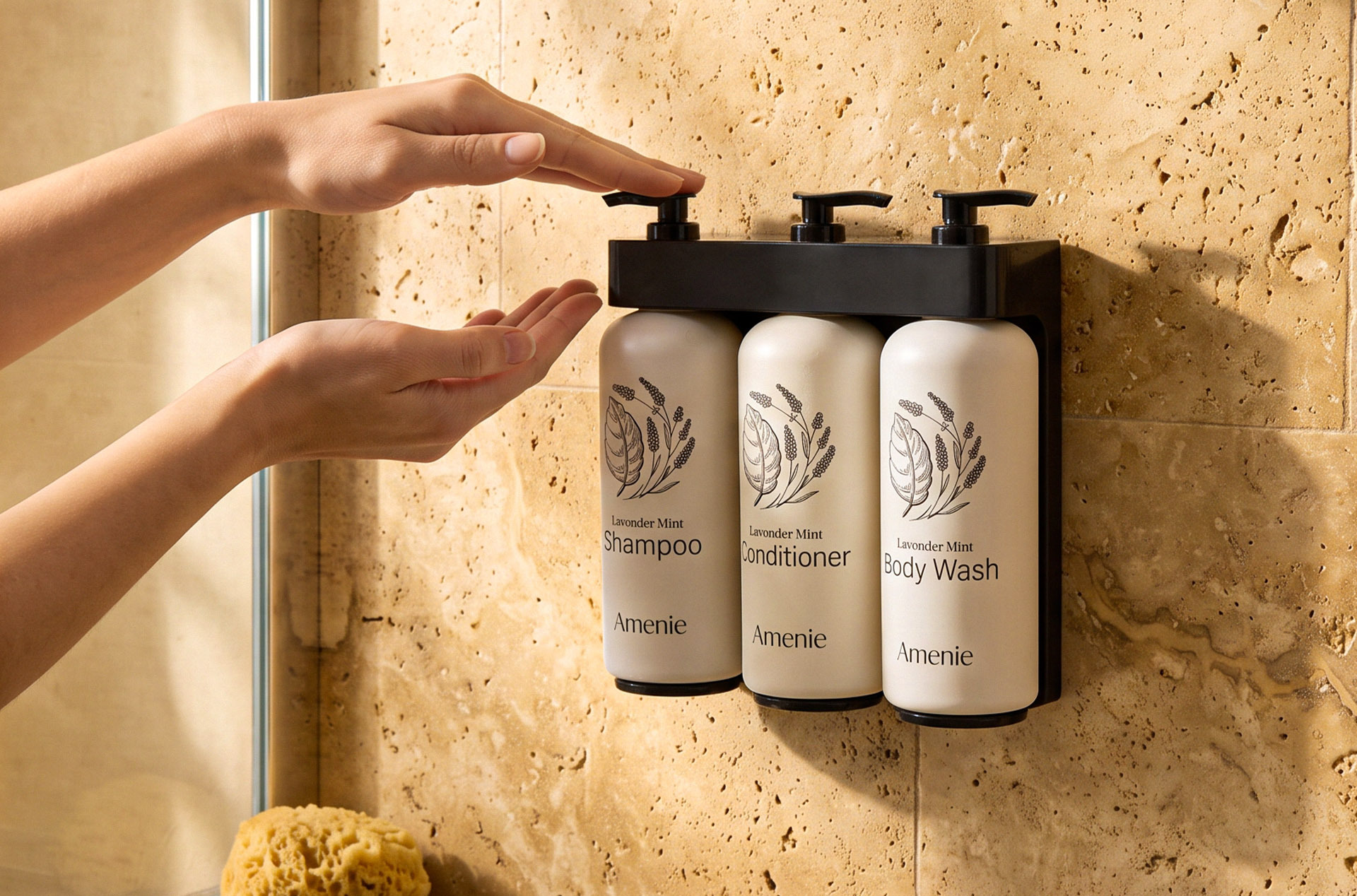 Wall-mounted bulk shower dispenser in a hotel bathroom