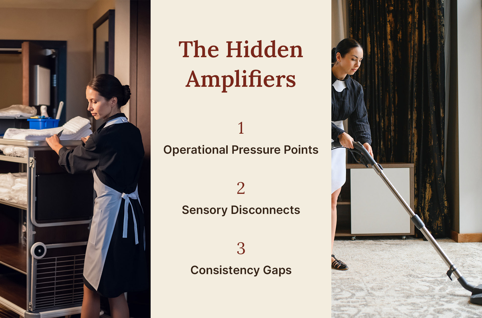 Hotel housekeeping staff restocking linens and vacuuming guest rooms under tight turnaround windows can contribute to cleanliness complaints