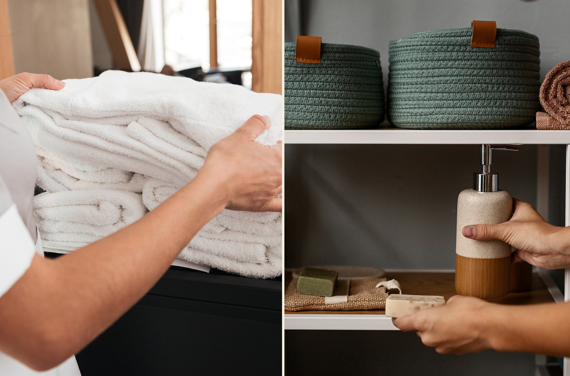 Housekeeping staff verifying fresh linens and stocked bathroom amenities as part of daily hotel housekeeping preparation