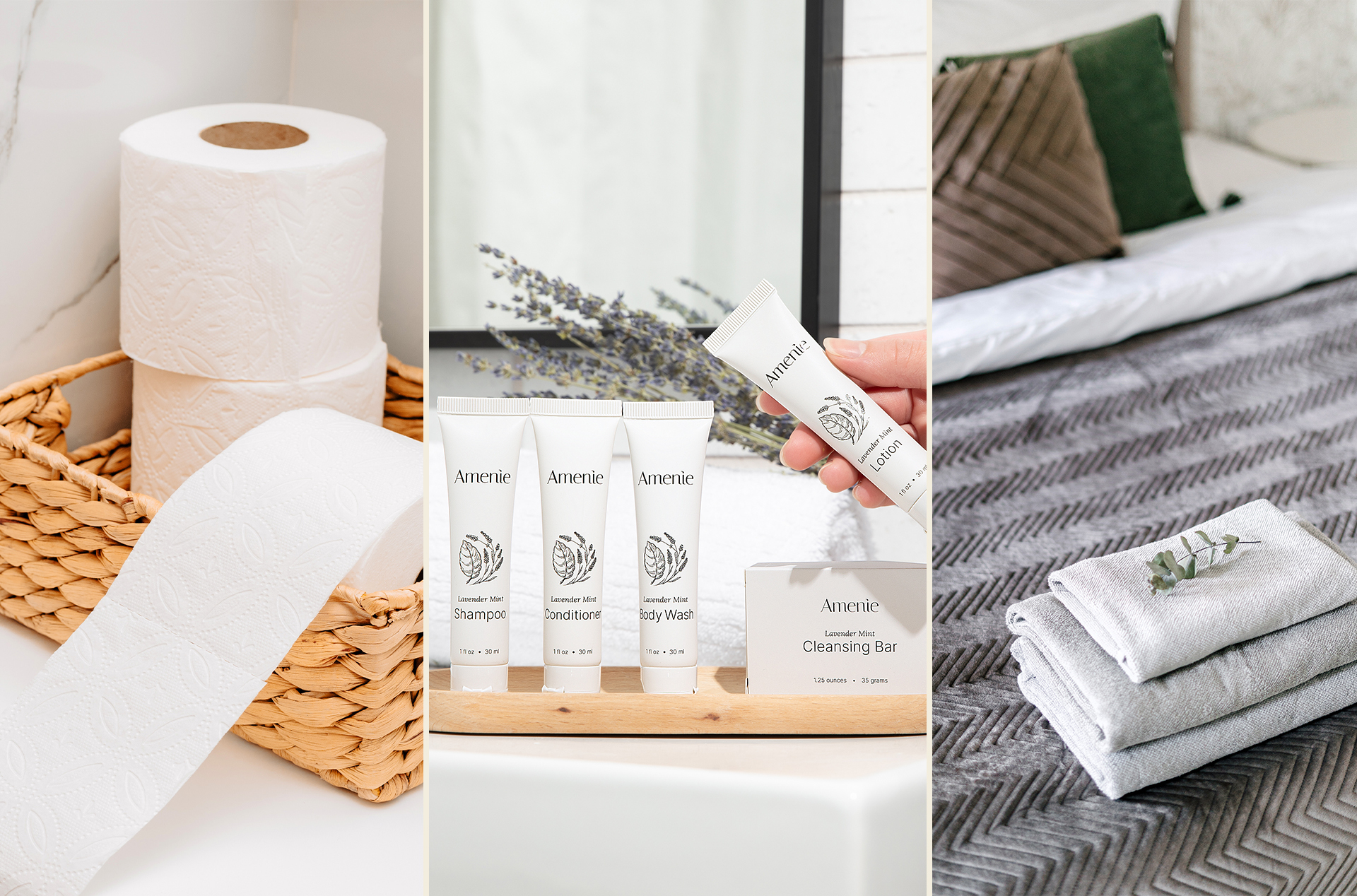 Hotel essentials including toilet paper, Amenie lavender-mint toiletries, and neatly folded guest towels, illustrating the importance of consistent presentation across housekeeping touchpoints.