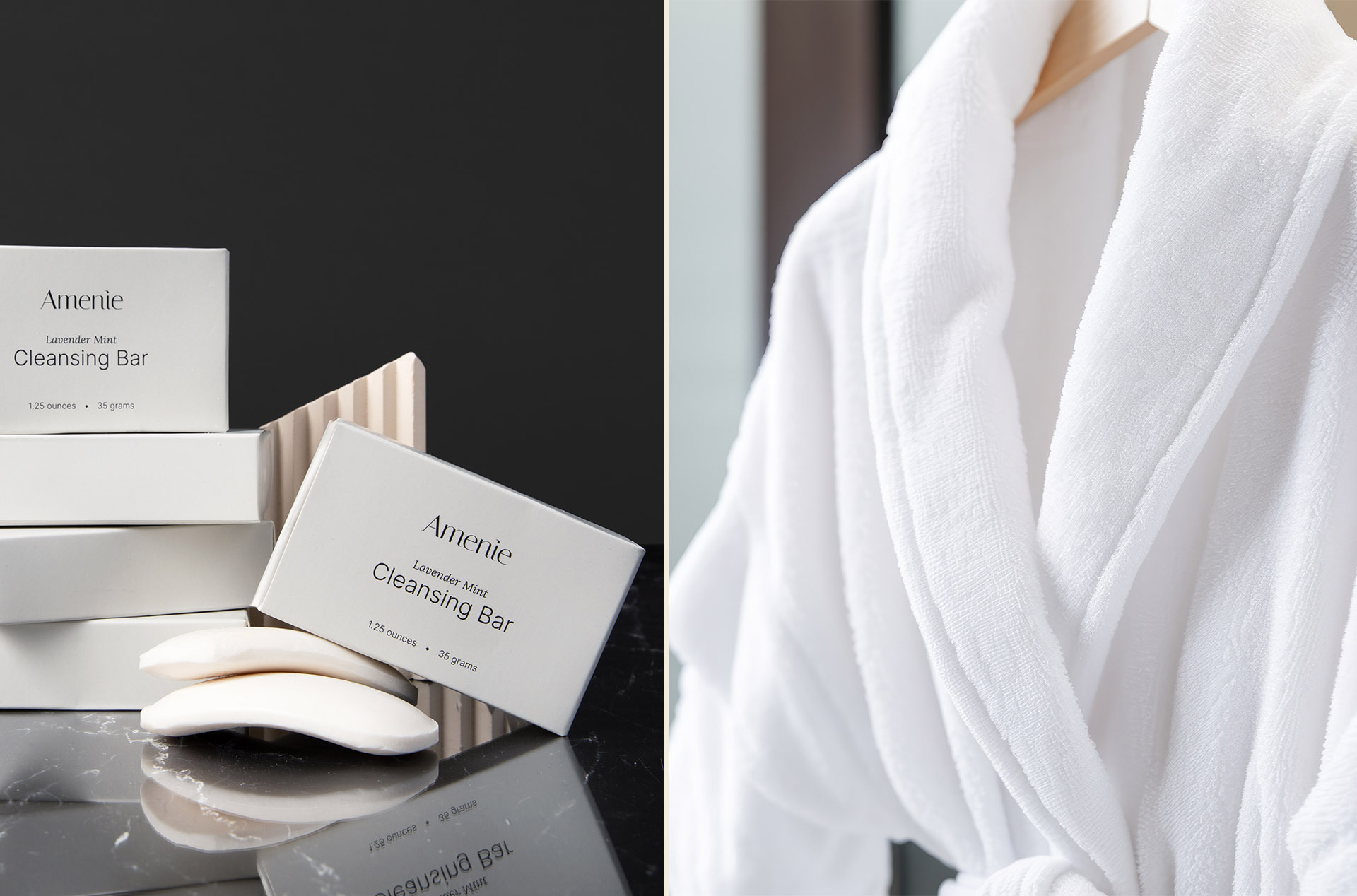Stacked Amenie cleansing bars next to a plush white hotel robe, showing premium amenities that enhance the guest experience.