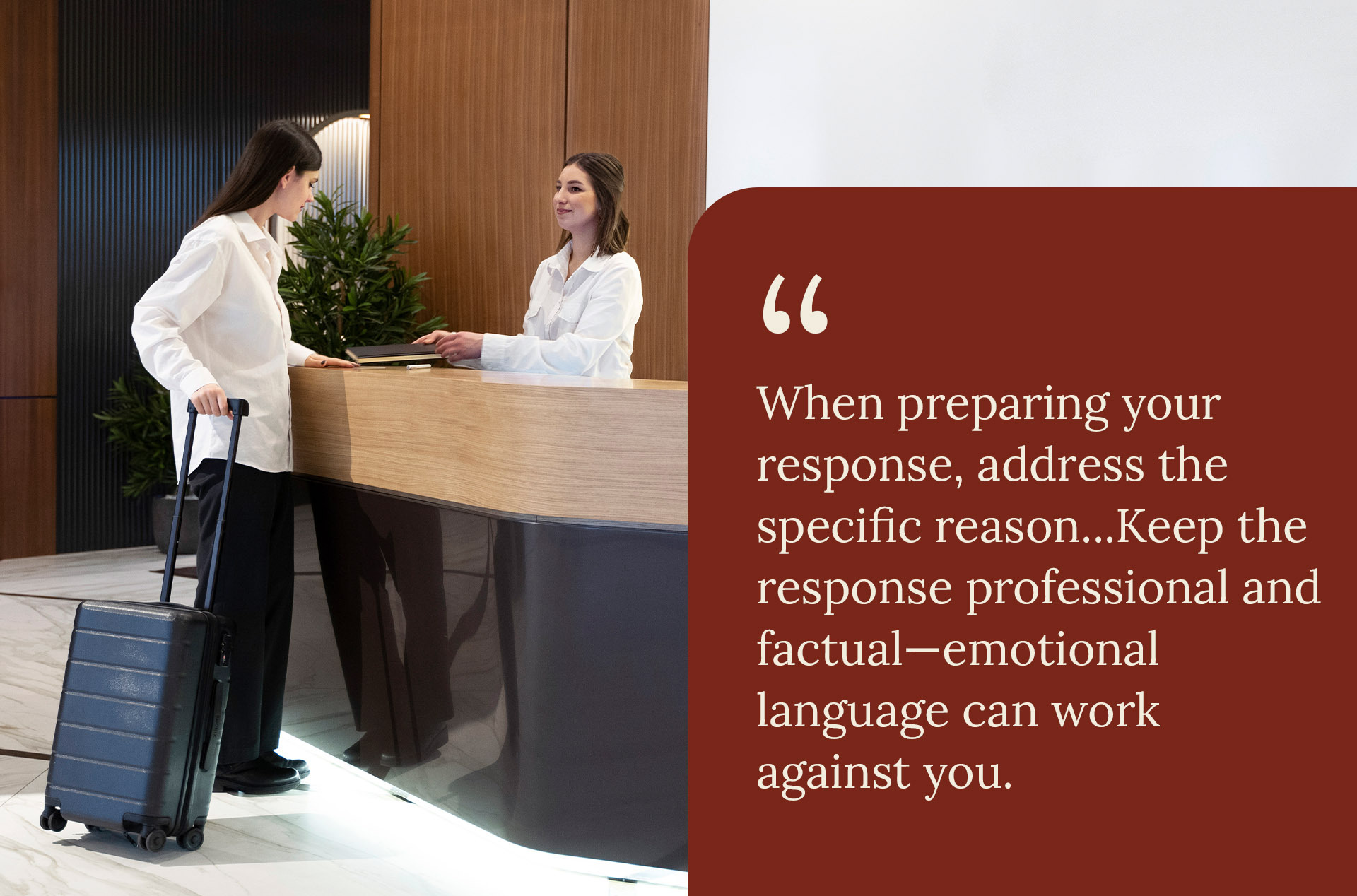 Hotel guest at the front desk discussing hotel payment issues, highlighting chargeback prevention for hotels through clear and factual responses