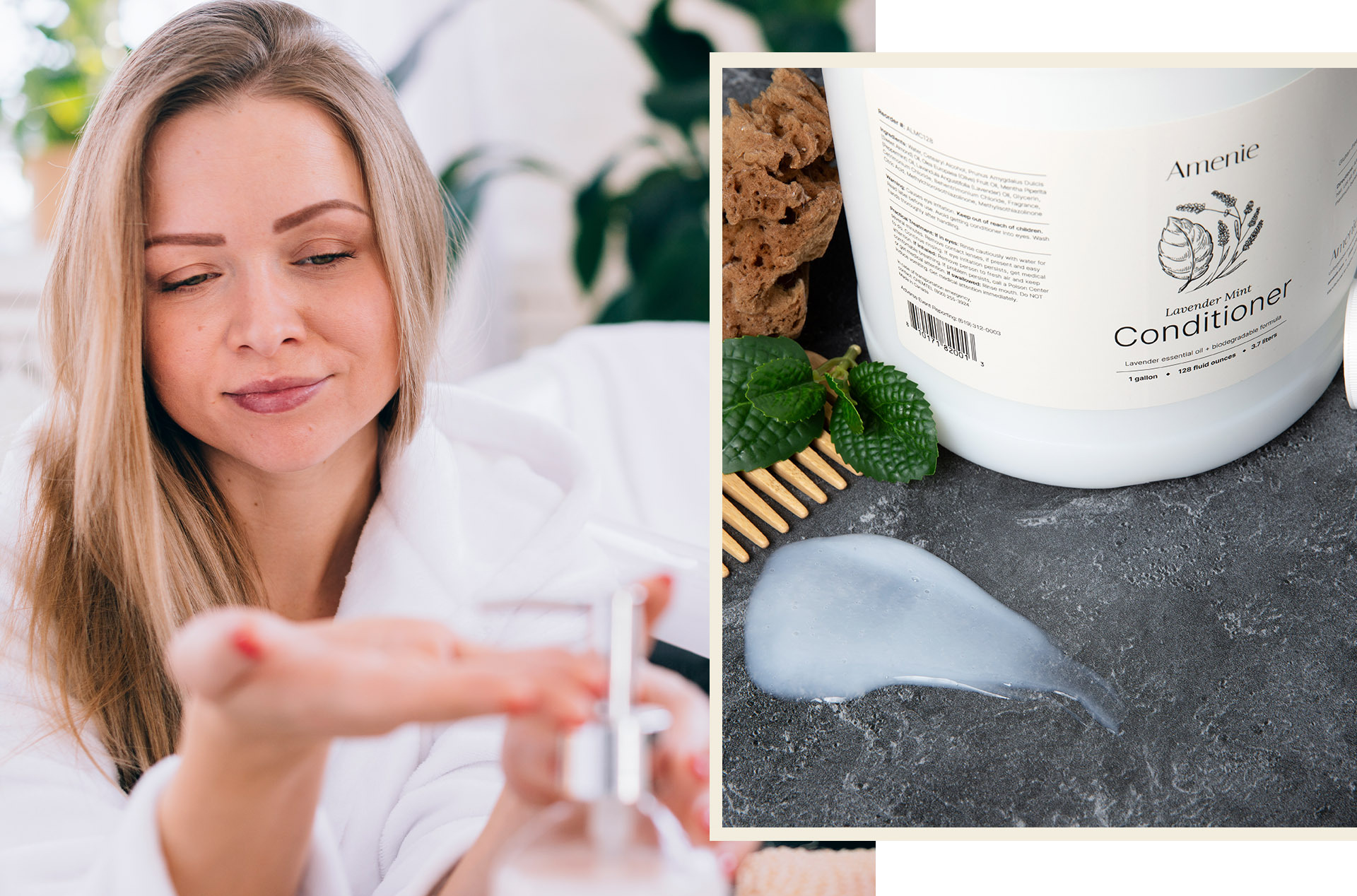 Amenie body care shown in a bulk format, with a guest using a dispenser and a Lavender Mint conditioner refill