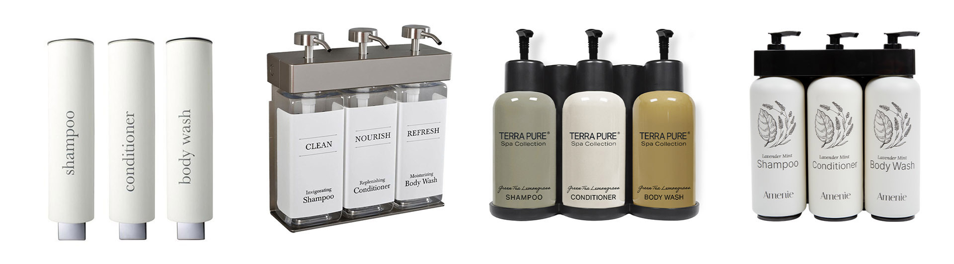 Bulk shower dispensers including stainless triple chambers and branded bottle brackets for vacation rentals