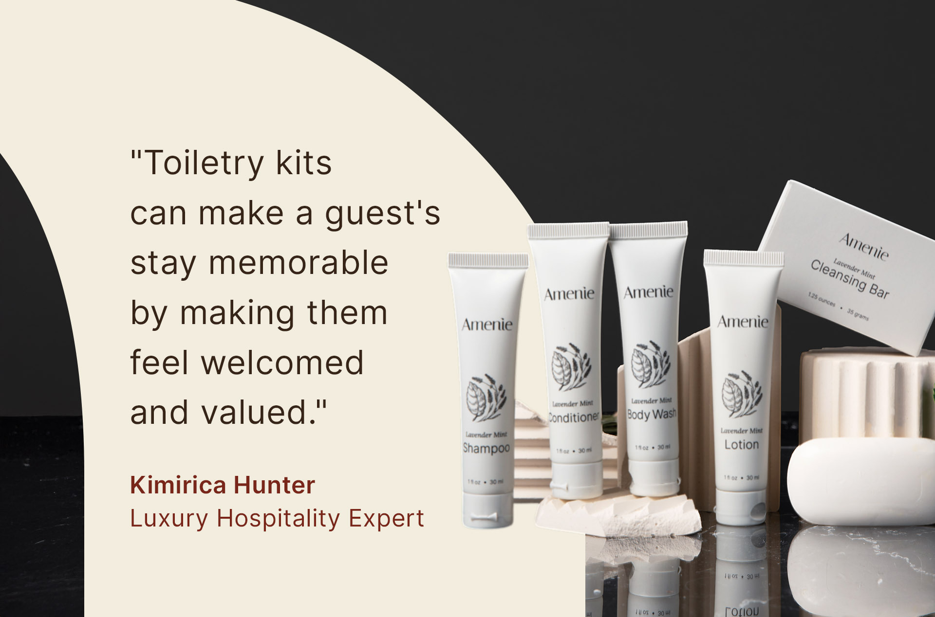 Amenie Lavender Mint toiletry kit product lineup next to pull quote on guest perception and brand impact