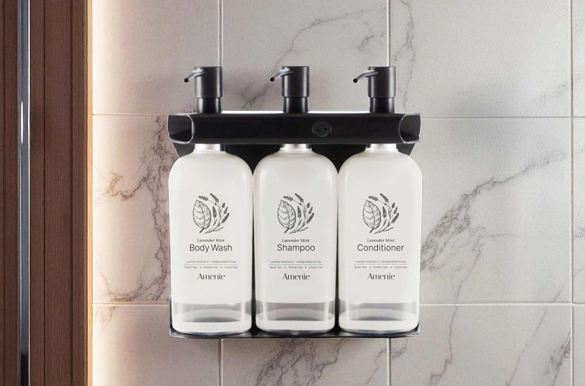Wall-mounted refillable dispensers—body wash, shampoo, conditioner—in an Airbnb shower.