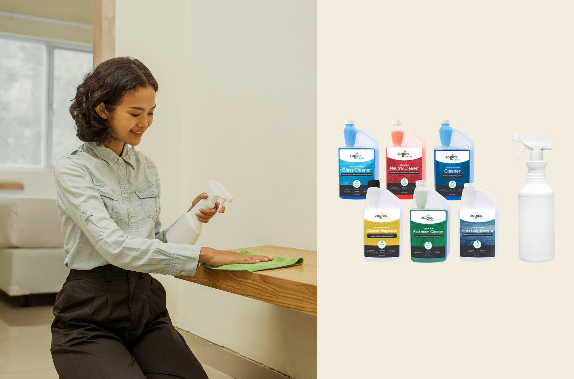 Cleaner wiping a counter beside Zogics concentrate lineup and a refill spray bottle.