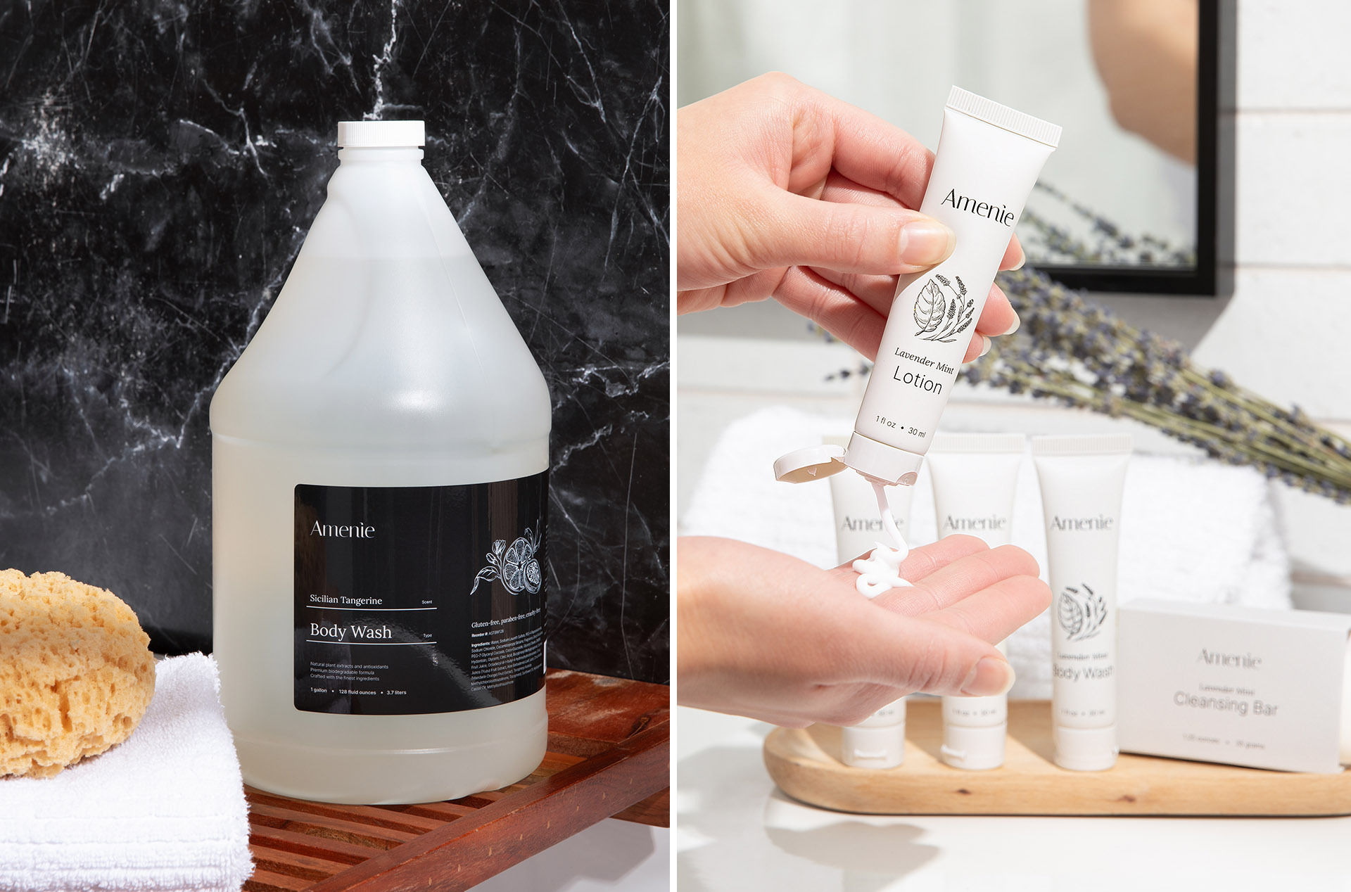 Bulk gallon body wash vs single-use amenity tubes—visual comparison of bulk and travel sizes.