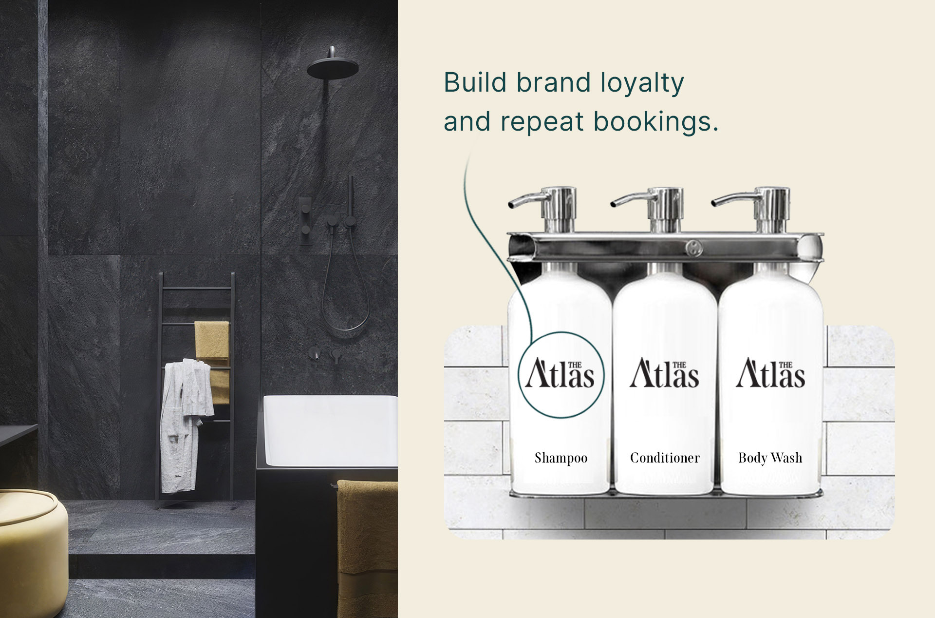 Refillable Amenie shampoo, conditioner, and body wash dispensers highlighting hygiene and sustainability benefits for Airbnb hosts