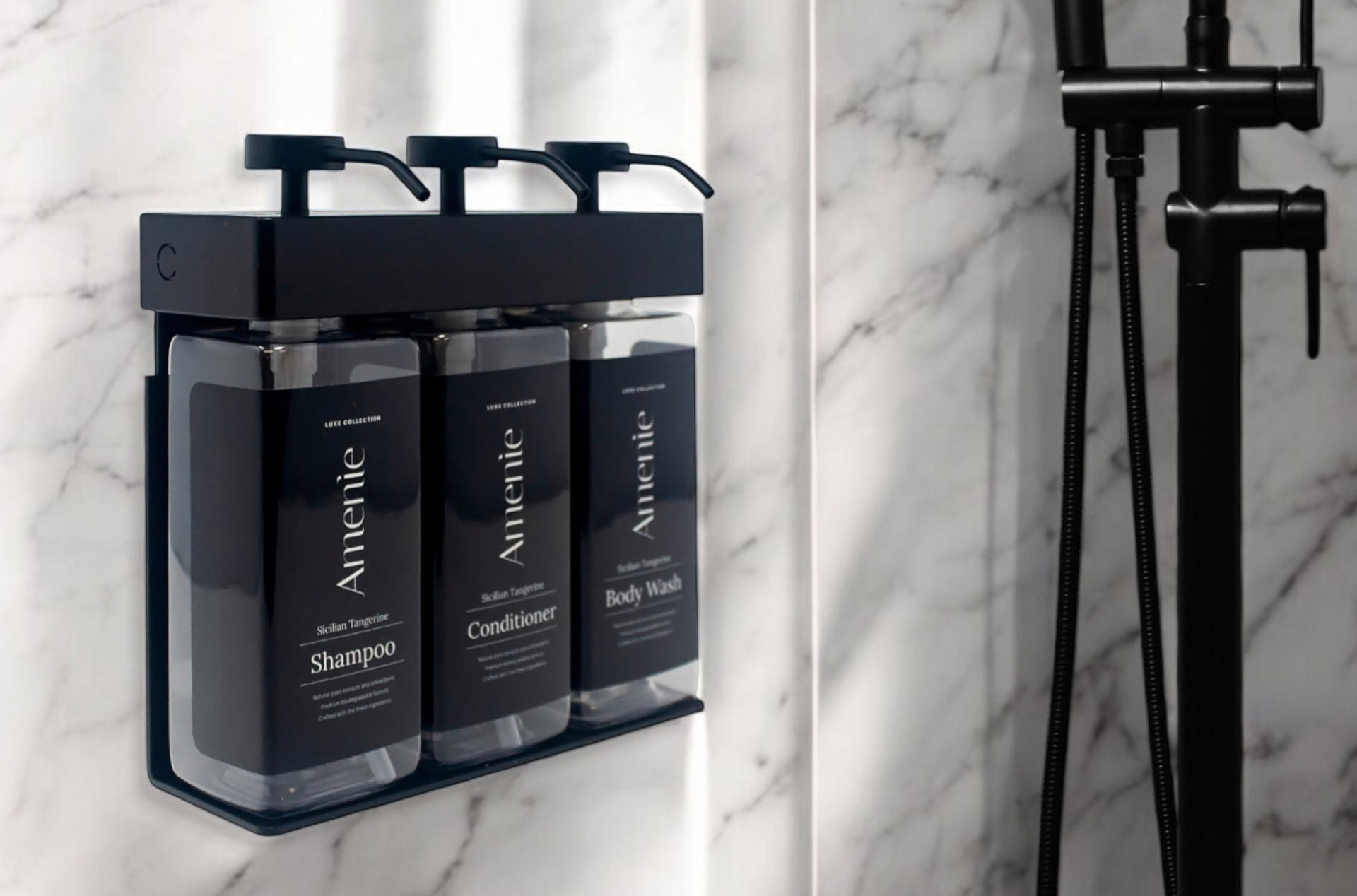 Amenie eco-conscious shampoo and body wash tubes for boutique hotels and short-term rentals