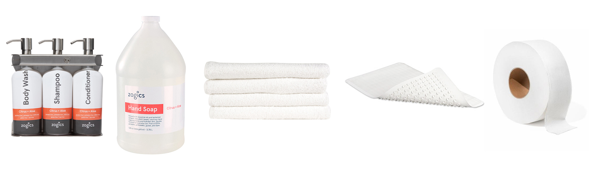Core Airbnb bathroom supplies—premium toilet paper, white towels, bath mat, and bulk hand soap for easy restocking.