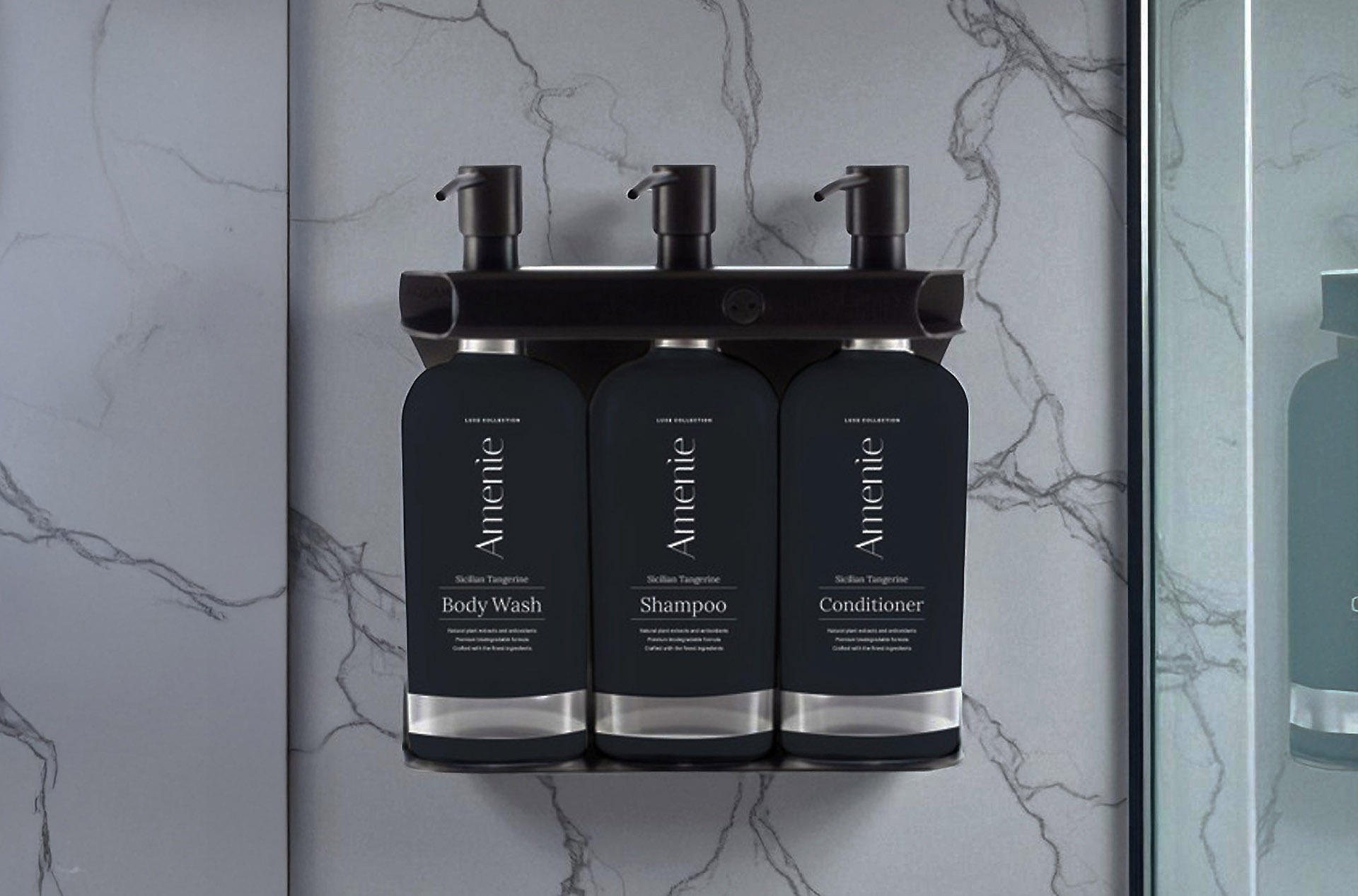 Wall-mounted bracket with Amenie Body Wash, Shampoo, and Conditioner—secure refillable bottles that deter theft and upgrade your Airbnb shower experience.