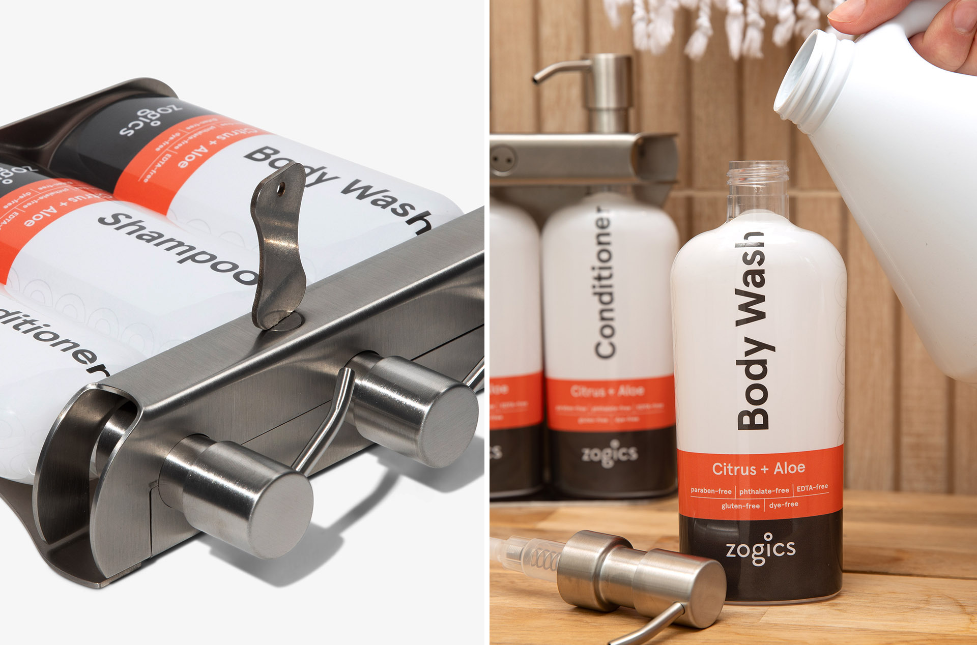 Lockable stainless dispenser system with refillable Zogics bottles. Secure, durable, refillable setup that is also stylish.