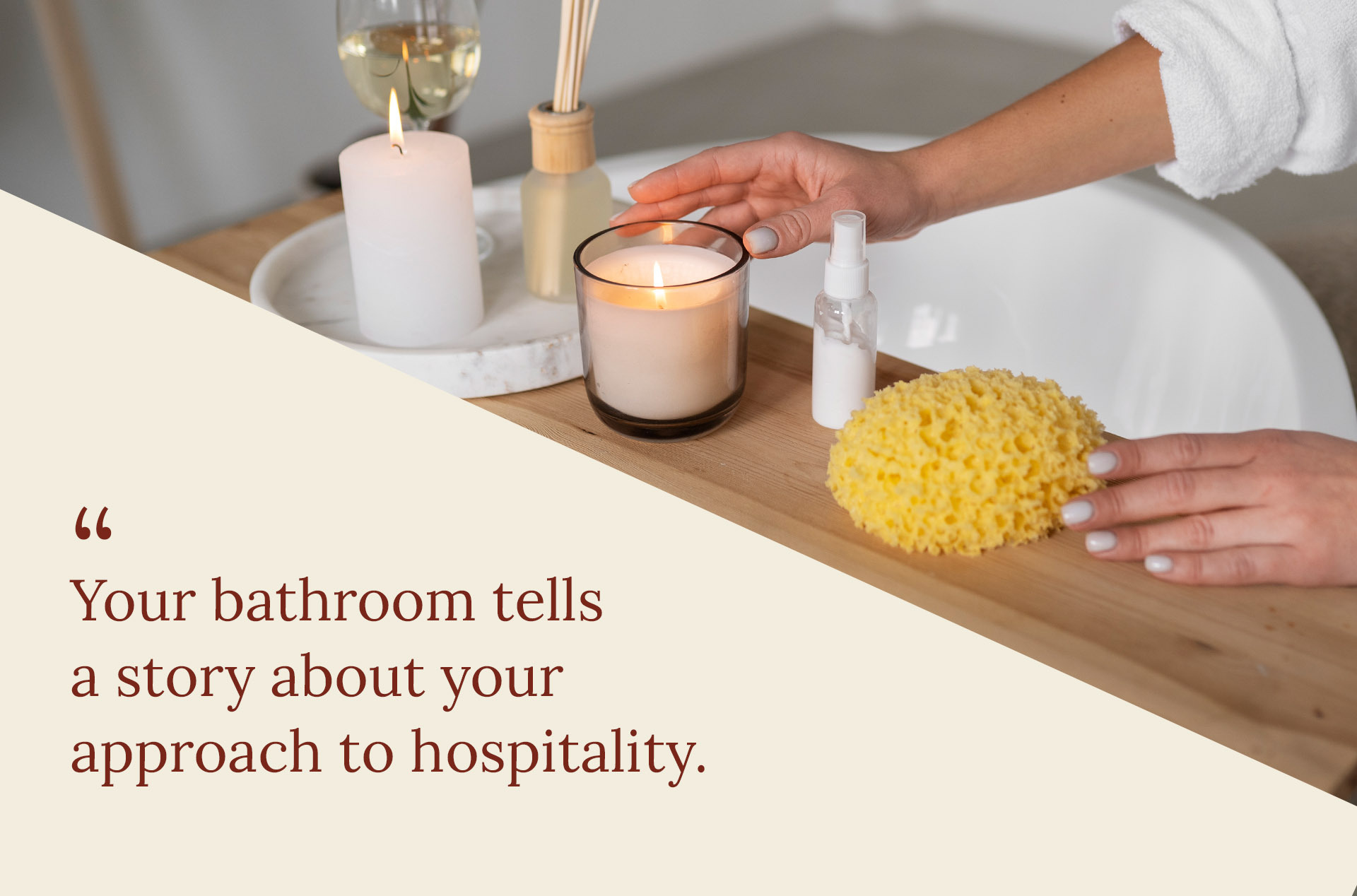Candle, sponge, and spa accessories on a bath caddy—hospitality-forward bathroom experience