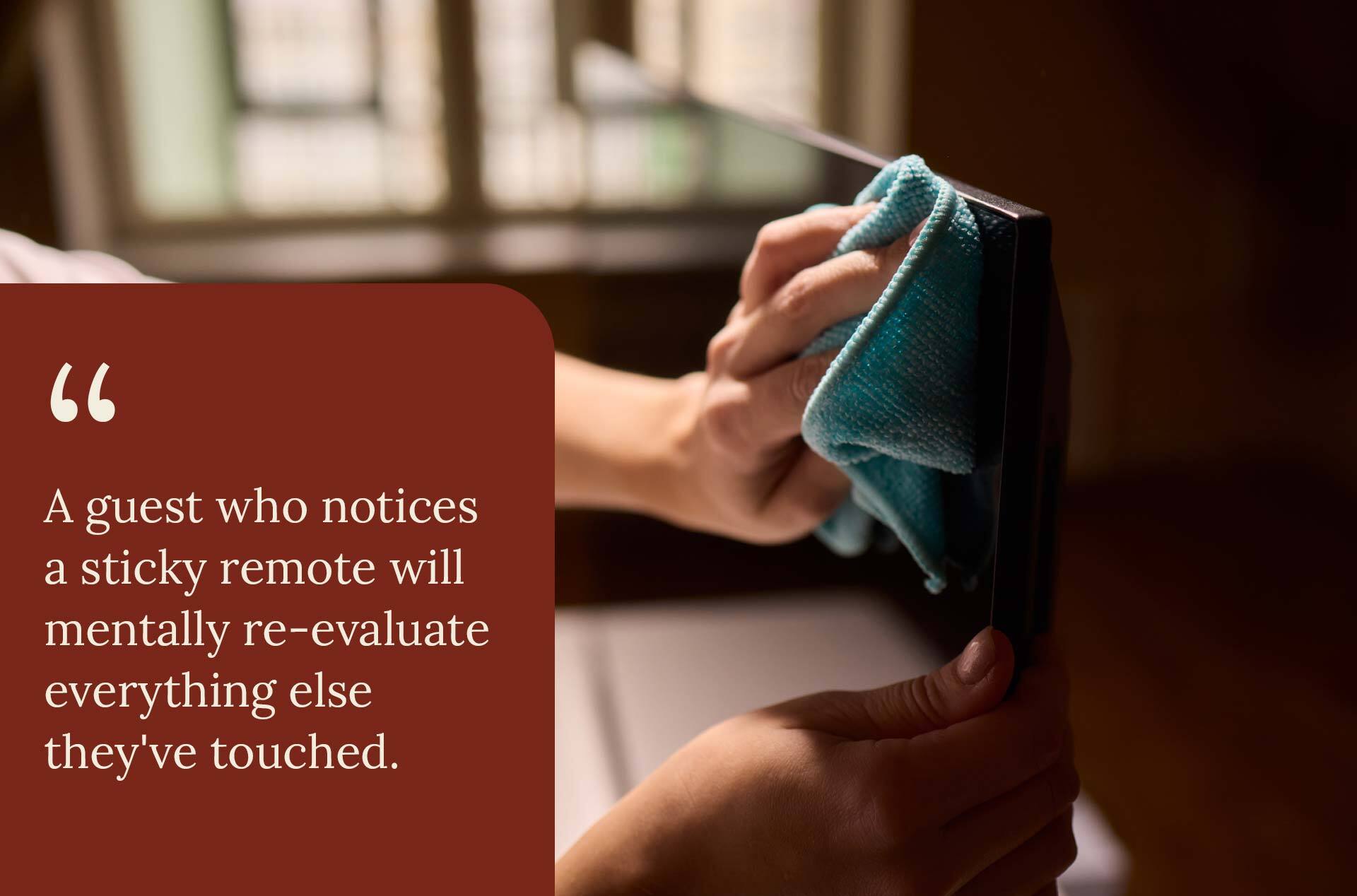 Cleaner disinfecting a high-touch TV remote during short-term rental turnover