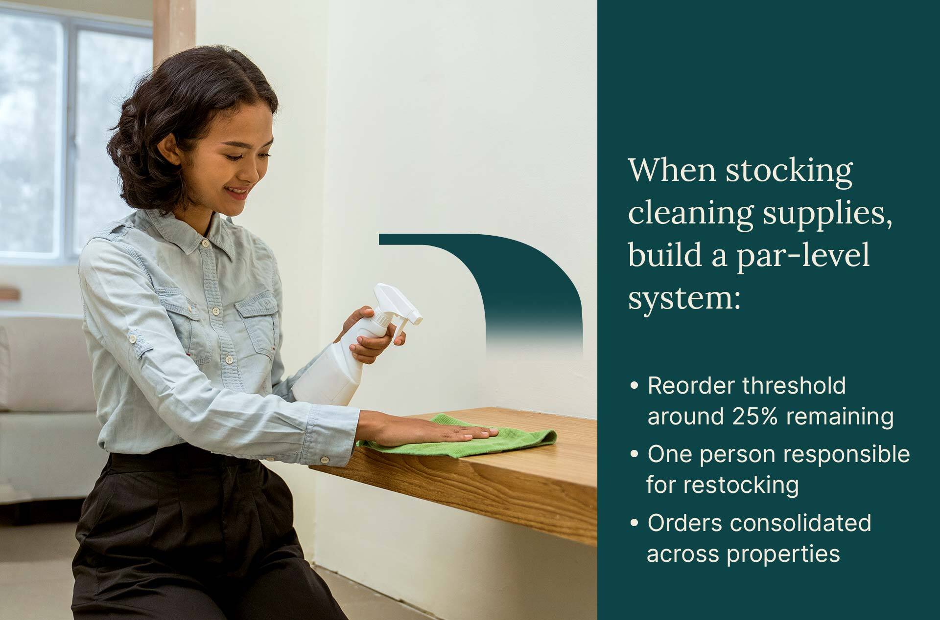 Airbnb cleaning checklist showing a par-level supply system while a cleaner wipes a table