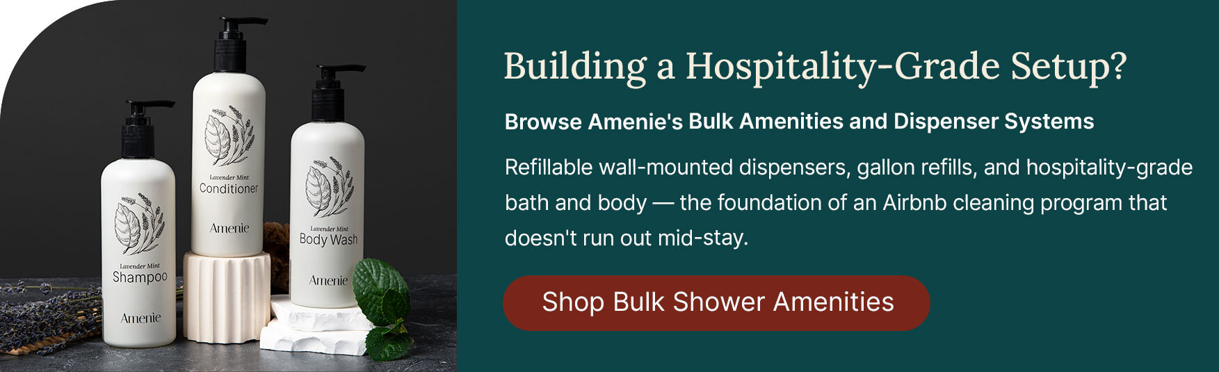 Amenie bulk shower amenities and refillable dispensers for an Airbnb host cleaning program